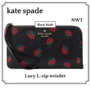 Kate Spade L-zip Wristlet Lucy Medium Black – Multi Black with Red Roses NWT
